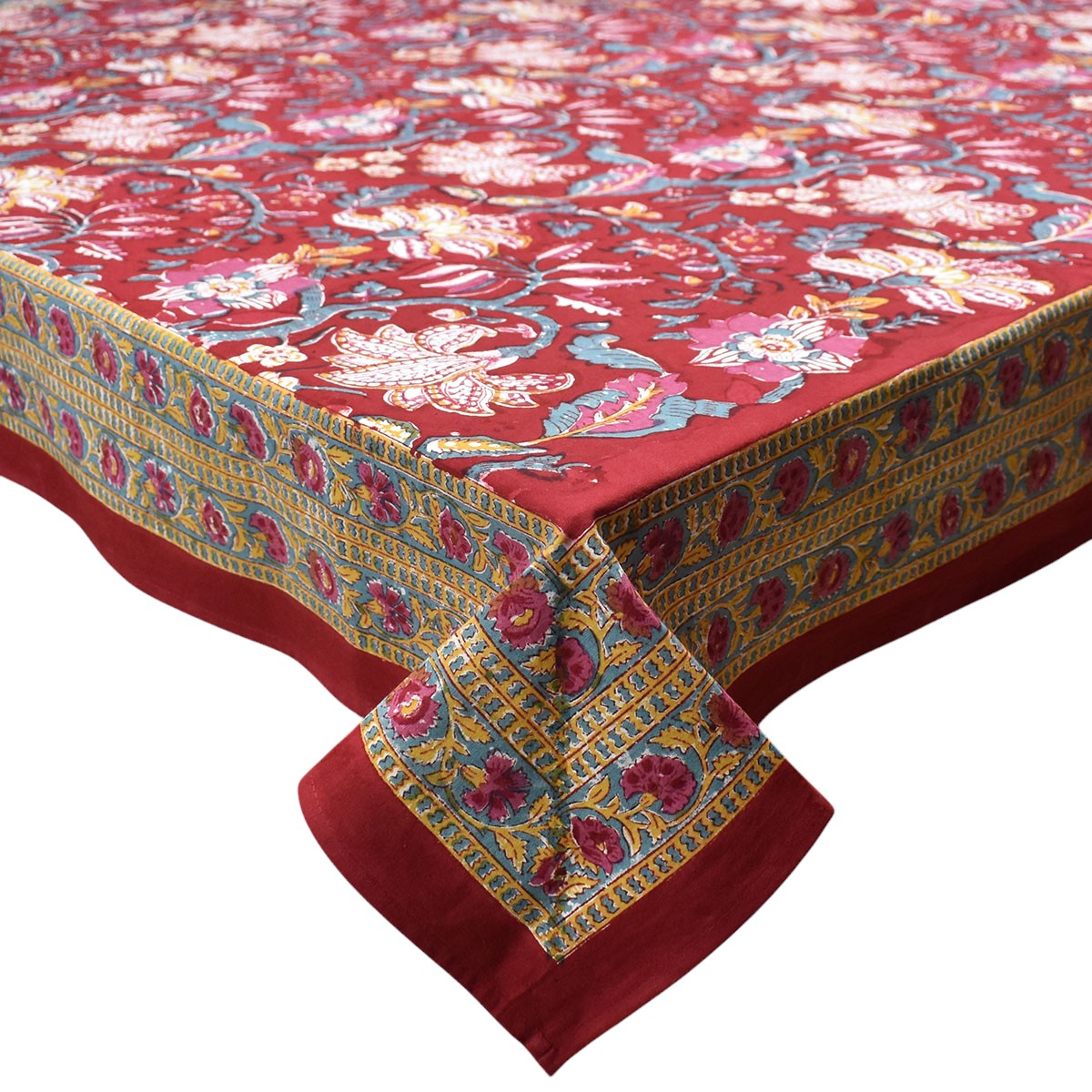 Square Tablecloth in Cotton Hand Block Printed Cotton Tablecloth 150x150 cms Anarkali Red Gud 201397