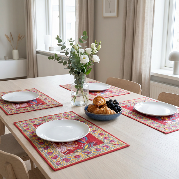 Hand Block Printed Cotton Canvas Table Mat 32x48 cms Set of 2 Table mats Anarkali Red Gud 201397