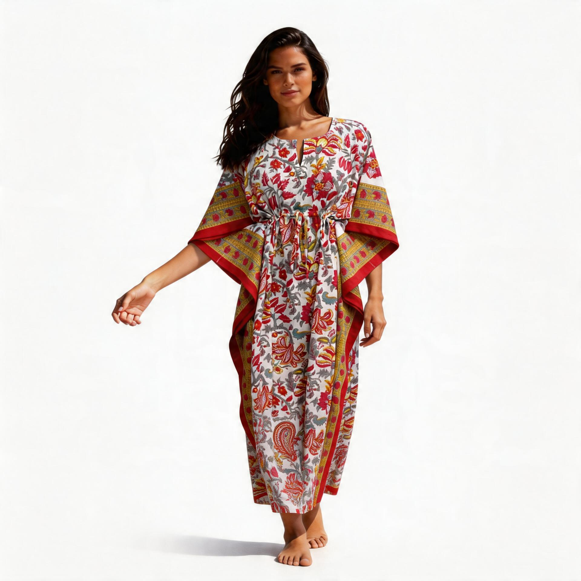 Long Size Kaftan Free Size Indian Block-Printed Loungewear in Soft Cotton Voile Anarkali Red Open 200652