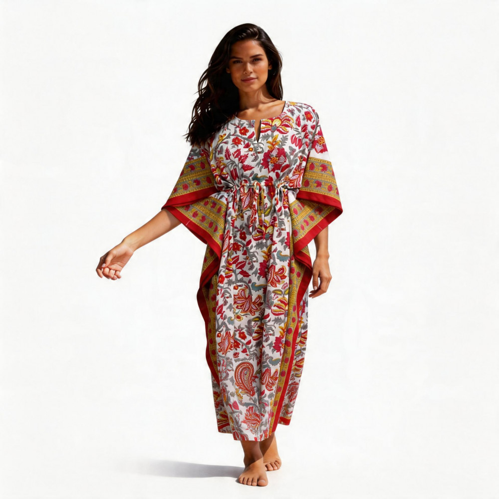 Image of Long Size Kaftan Free Size Indian Block-Printed Loungewear in Soft Cotton Voile | Anarkali Red Open 200652