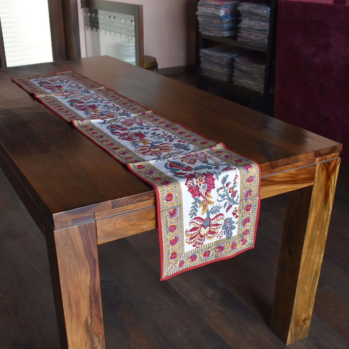 Hand Block Printed Cotton Canvas Table Runner 33x170 cms Anarkali Red Open 200652