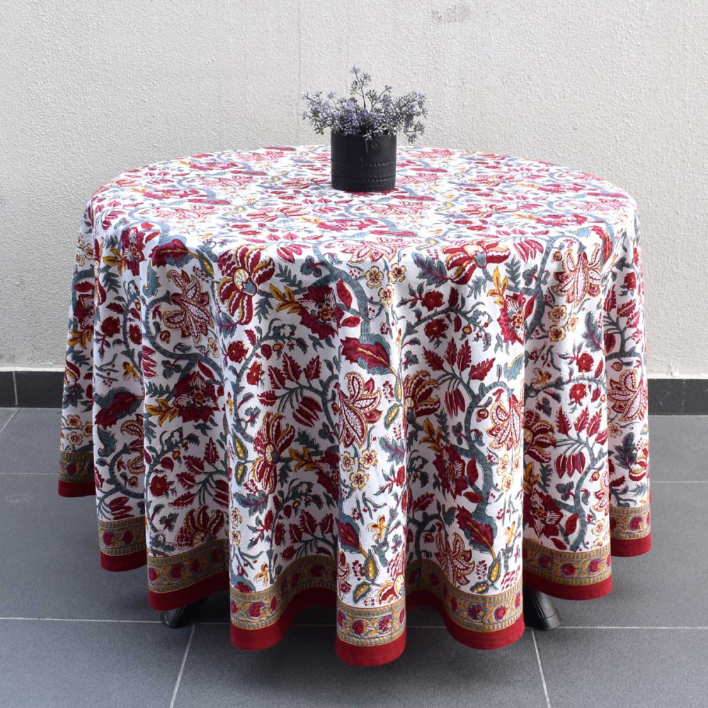 Image of Hand Block Printed Cotton Round Tablecloth 180 cms | Anarkali Red Open 200652