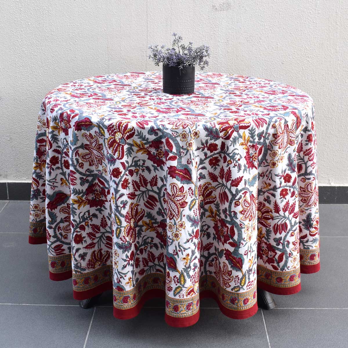 Hand Block Printed Cotton Round Tablecloth 150 cms Anarkali Red Open 200652