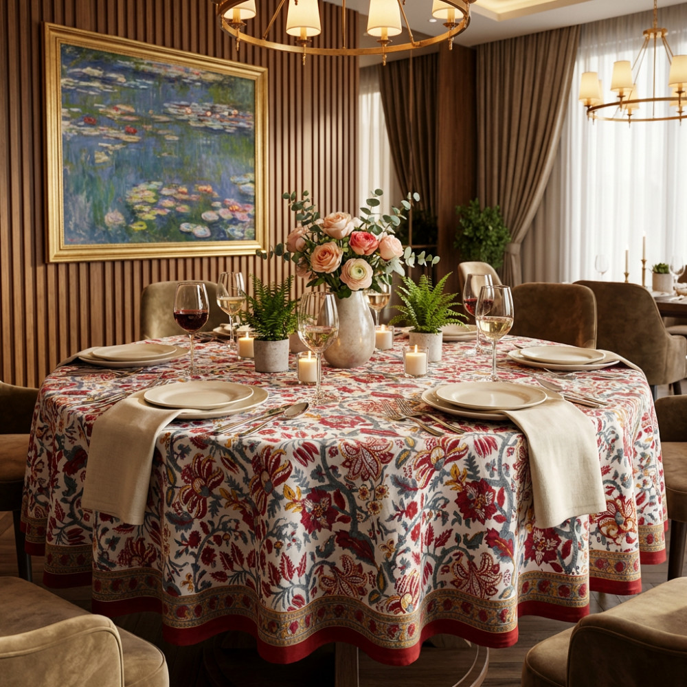 Image of Hand Block Printed Cotton Round Tablecloth 180 cms | Anarkali Red Open 200652