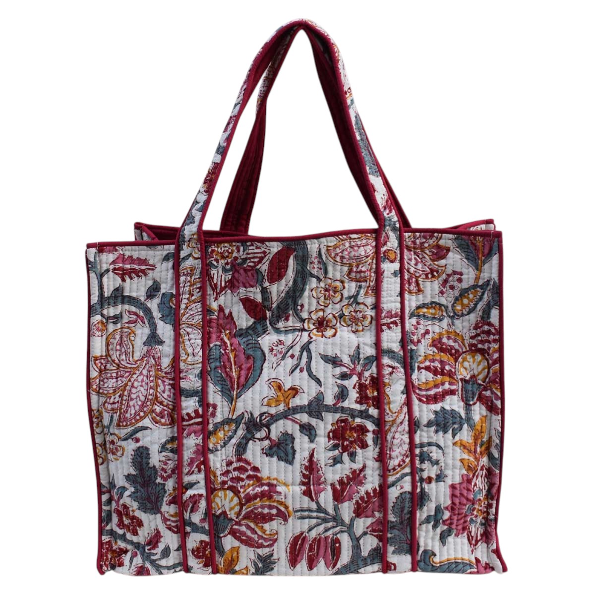 Hand Block Printed Cotton Quilted Tote Bag Anarkali Red Open 200652