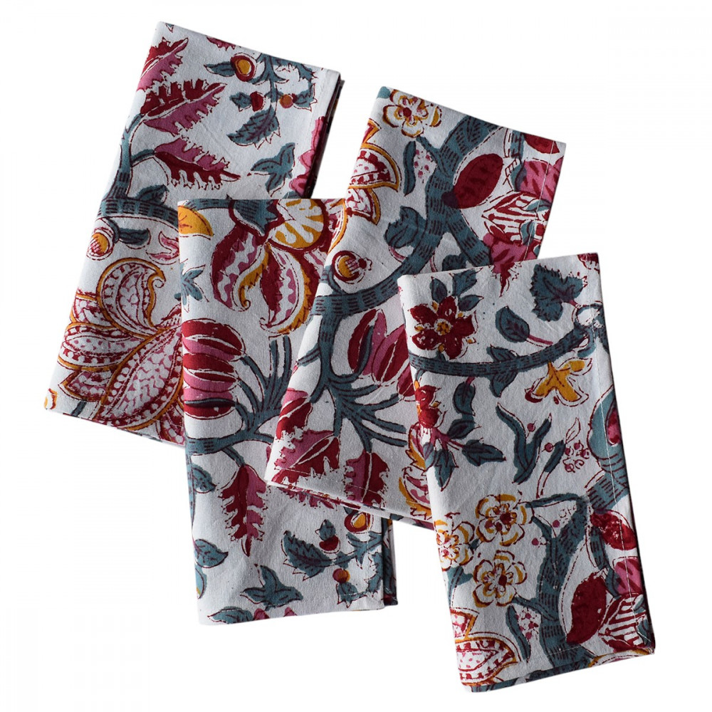 Image of Hand Block Printed Cotton Napkin 45x45 cms (Set of 4 Napkins) | Anarkali Red Open 200652