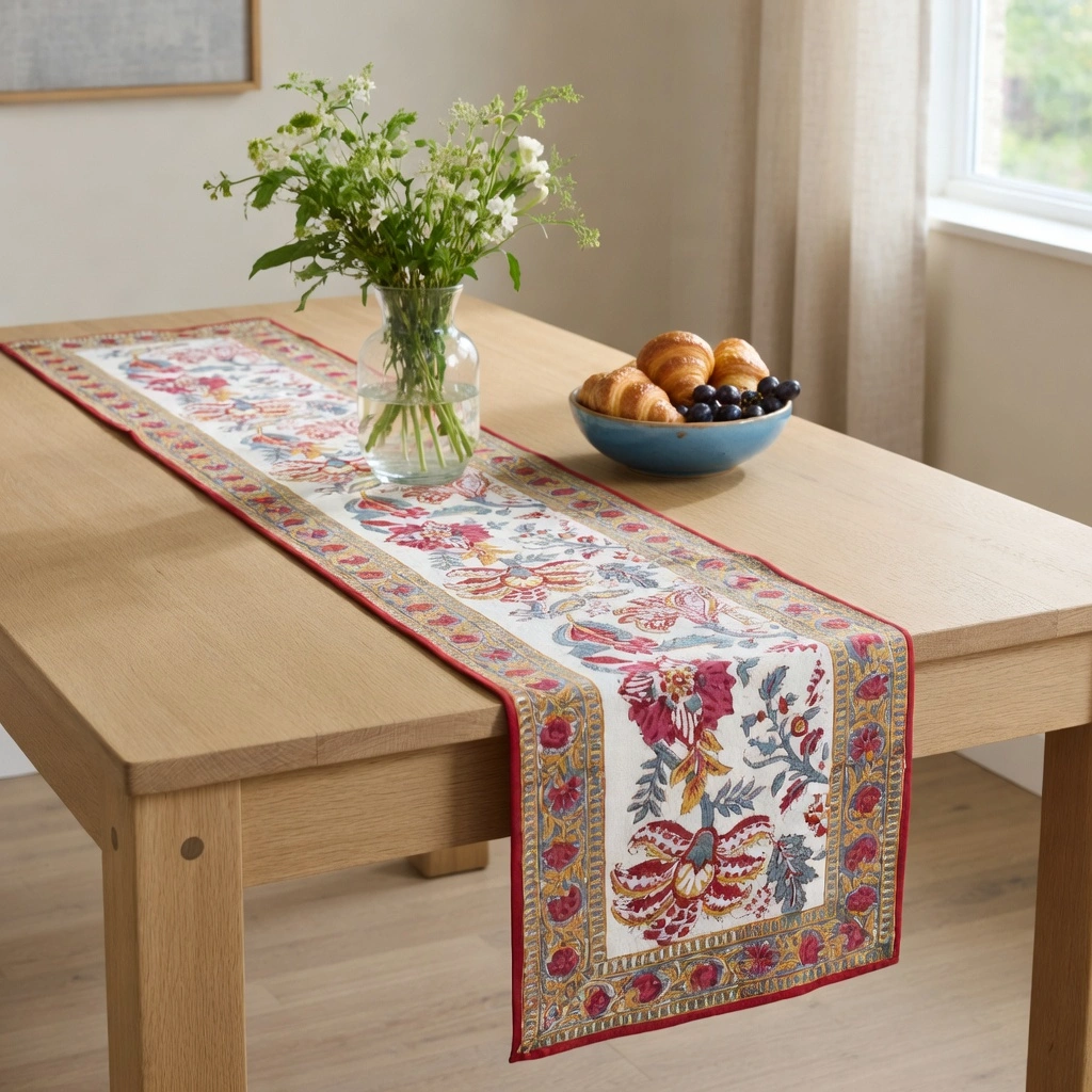 Hand Block Printed Cotton Canvas Table Runner 33x120 cms Anarkali Red Open 200652