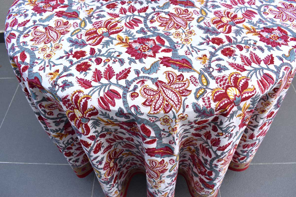 Hand Block Printed Cotton Round Tablecloth 220 cms Anarkali Red Open 200652