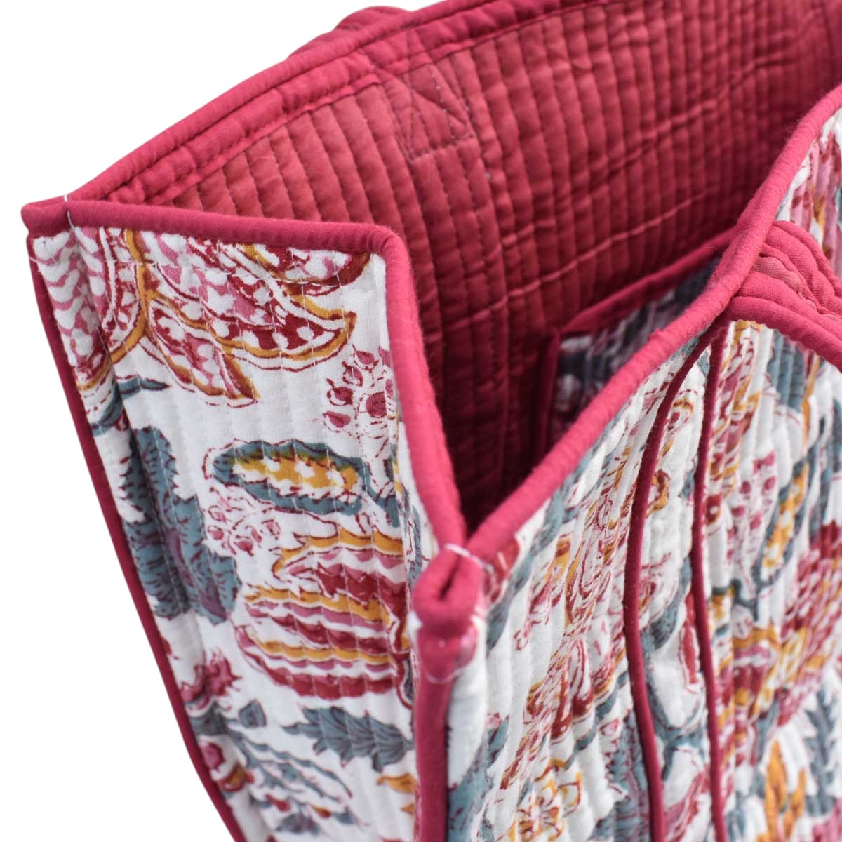 Hand Block Printed Cotton Quilted Tote Bag Anarkali Red Open 200652