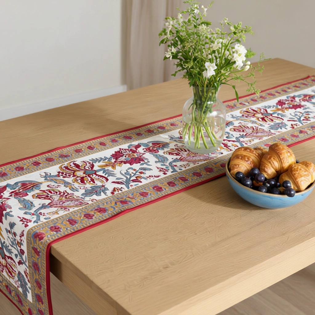 Hand Block Printed Cotton Canvas Table Runner 33x120 cms Anarkali Red Open 200652