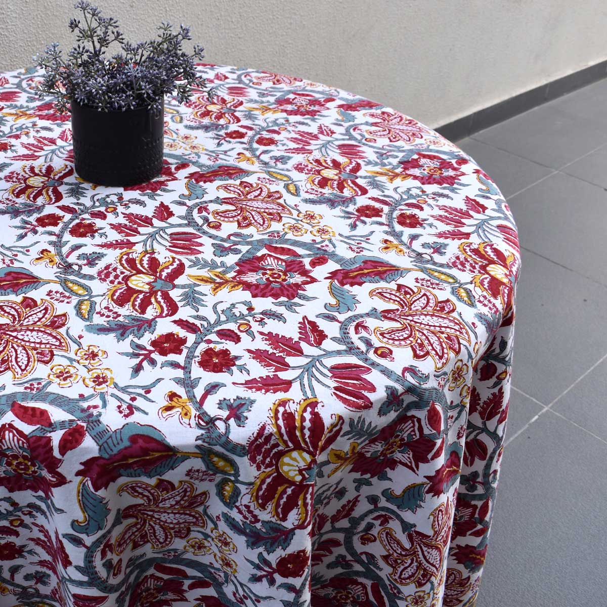 Hand Block Printed Cotton Round Tablecloth 275 cms Anarkali Red Open 200652