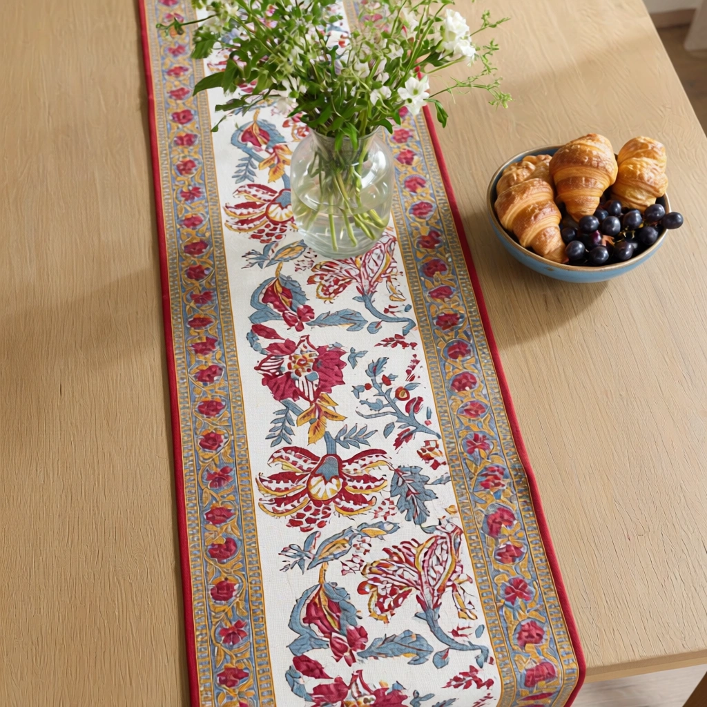 Hand Block Printed Cotton Canvas Table Runner 33x120 cms Anarkali Red Open 200652