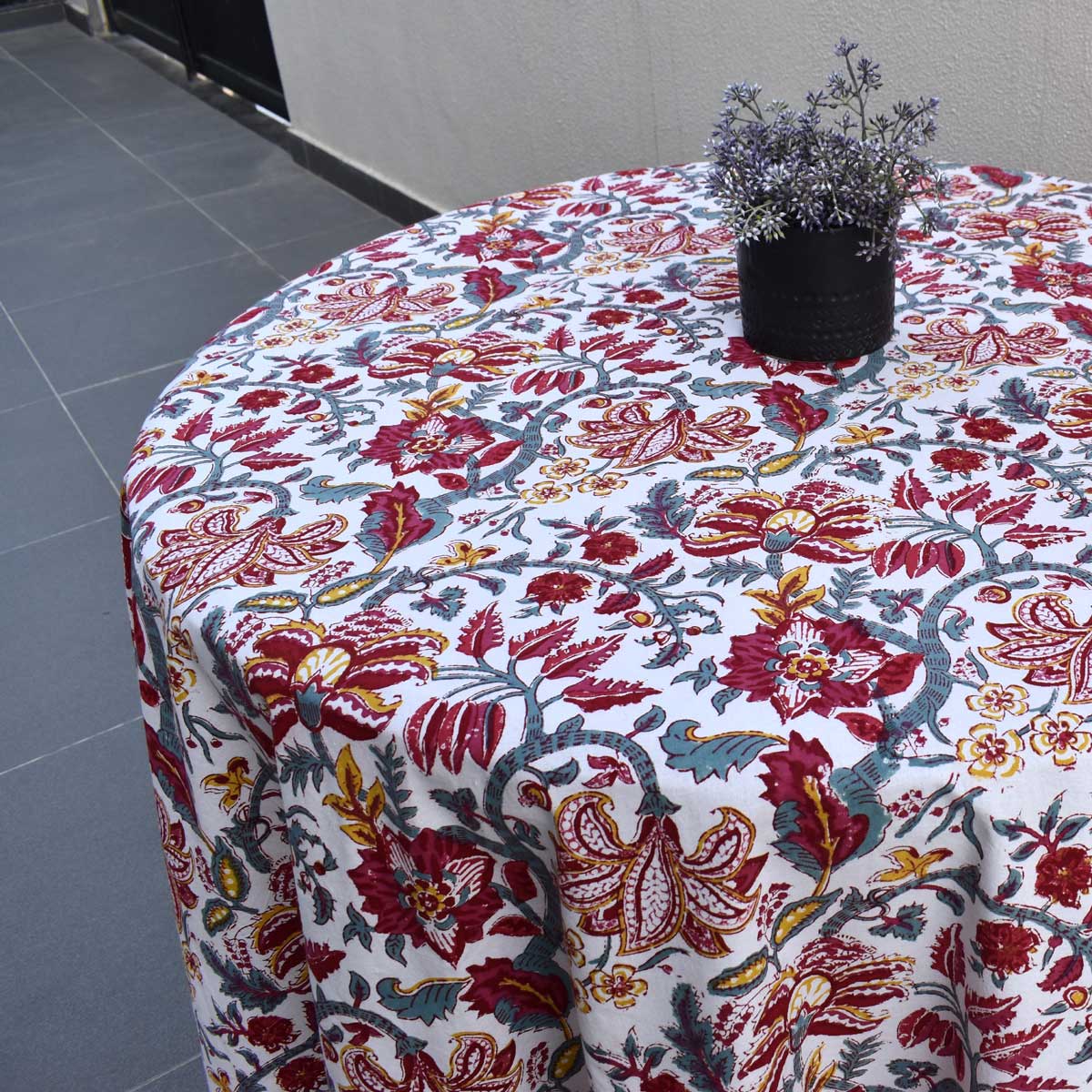 Hand Block Printed Cotton Round Tablecloth 275 cms Anarkali Red Open 200652