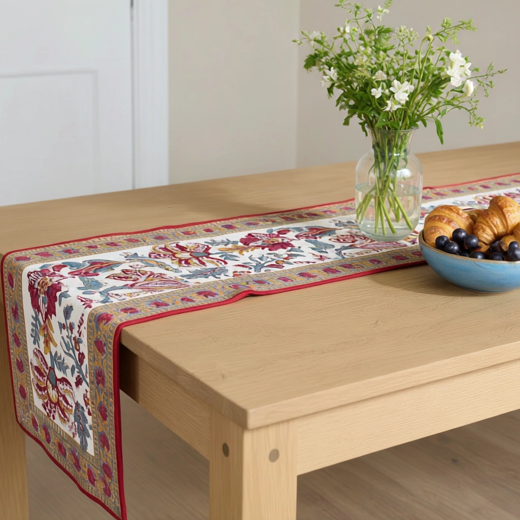 Hand Block Printed Cotton Canvas Table Runner 33x120 cms Anarkali Red Open 200652
