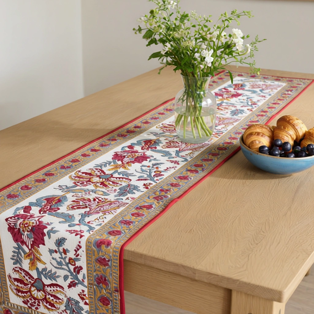 Hand Block Printed Cotton Canvas Table Runner 33x170 cms Anarkali Red Open 200652