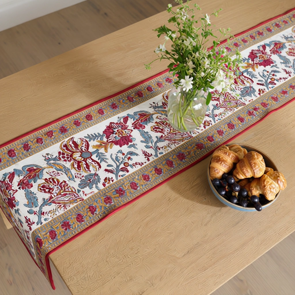 Hand Block Printed Cotton Canvas Table Runner 33x170 cms Anarkali Red Open 200652