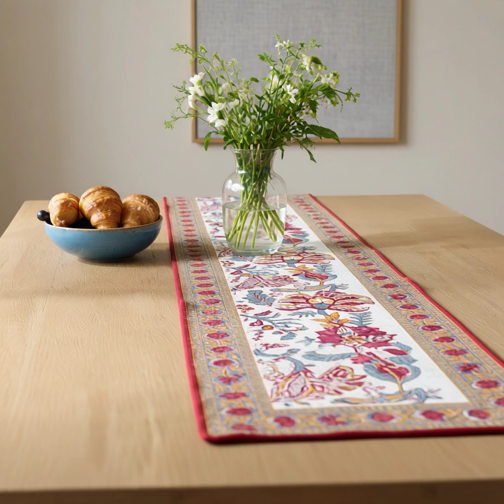 Hand Block Printed Cotton Canvas Table Runner 33x120 cms Anarkali Red Open 200652