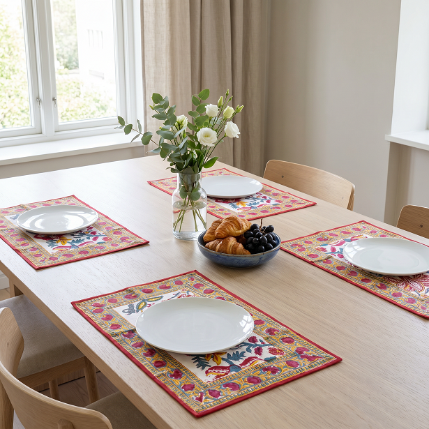 Hand Block Printed Cotton Canvas Table Mat 32x48 cms Set of 2 Table mats Anarkali Red Open 200652