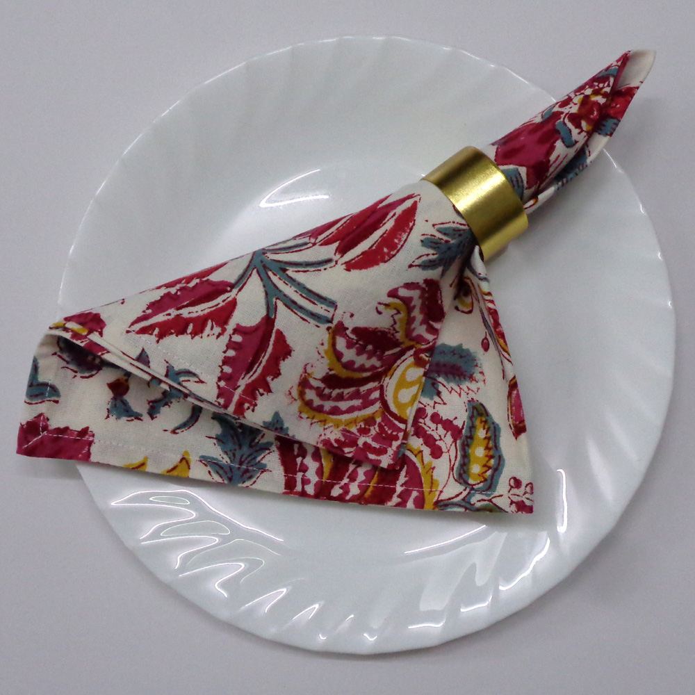 Hand Block Printed Cotton Napkin 45x45 cms Set of 4 Napkins Anarkali Red Open 200652