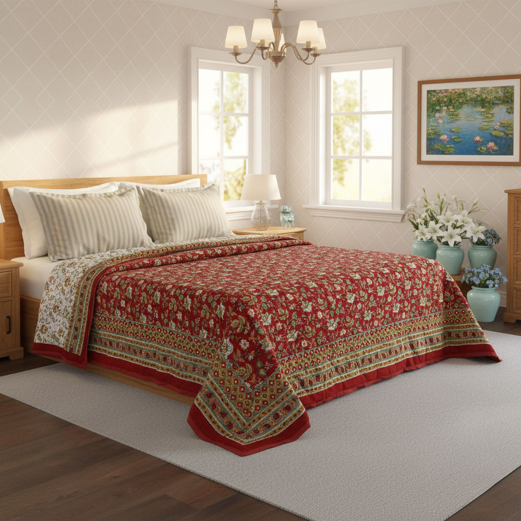 Hand Block Printed Cotton Queen Size Quilt Apple Blossom 605165