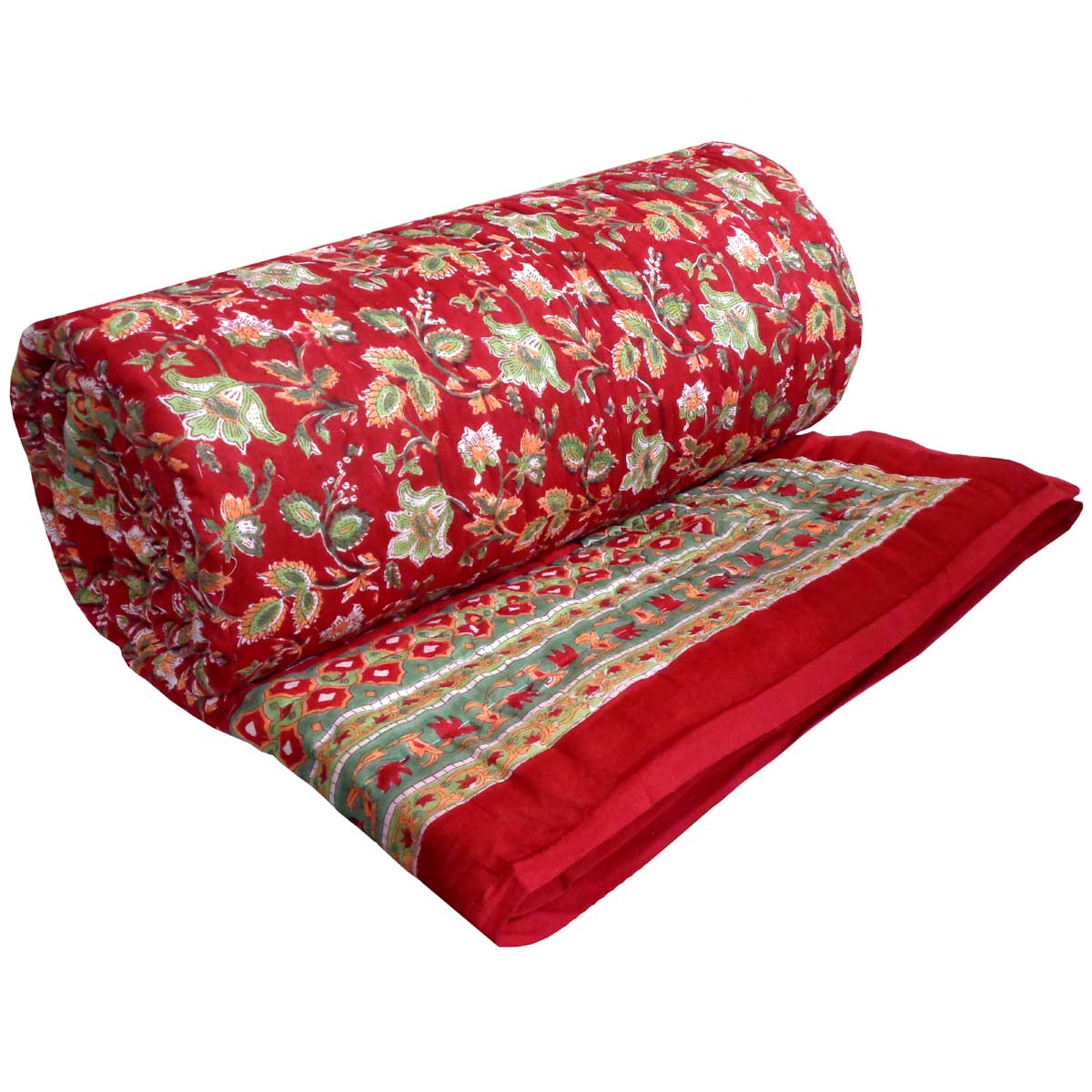 Hand Block Printed Cotton Queen Size Quilt Apple Blossom 605165