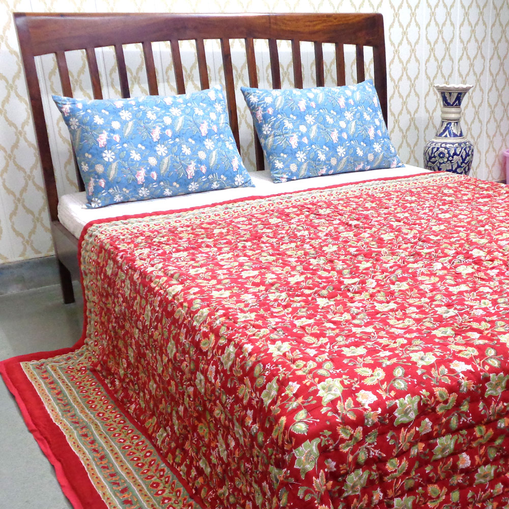 Hand Block Printed Cotton Queen Size Quilt Apple Blossom 605165