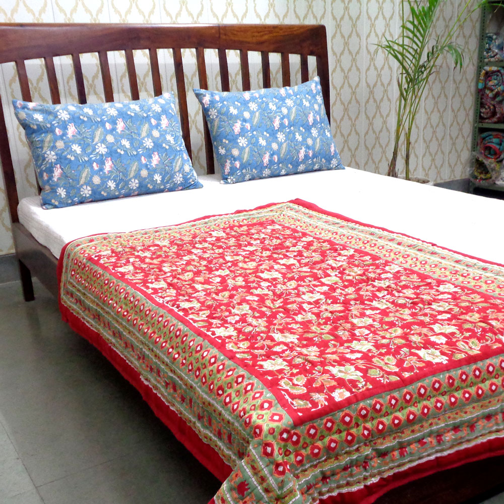 Hand Block Printed Baby Quilt  100x140 cm Jaipur Razai  Apple Blossom 605165