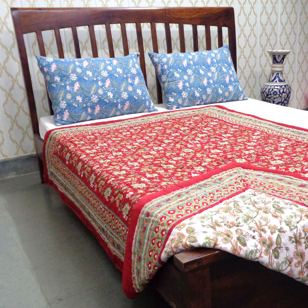 Hand Block Printed Cotton Twin Size Quilt Apple Blossom 605165