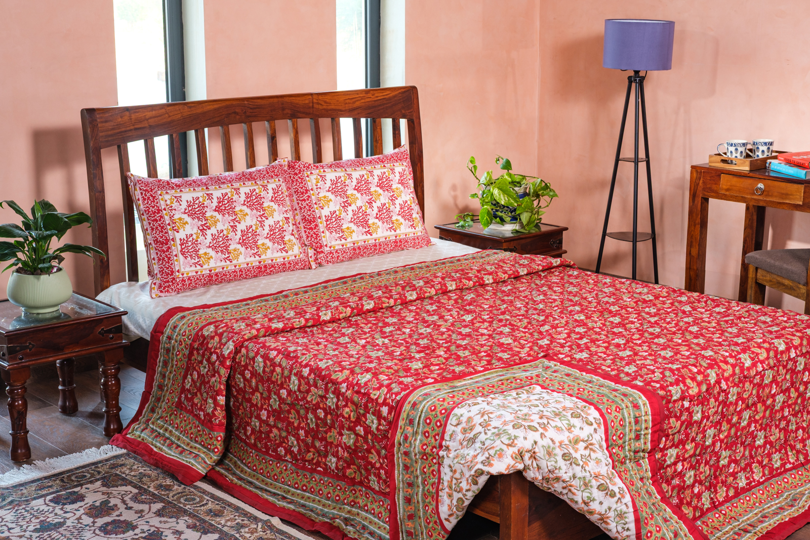Hand Block Printed Cotton Quilt King Size Apple Blossom 605165