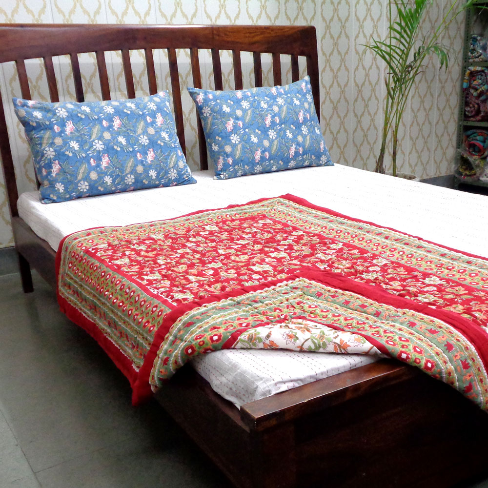 Hand Block Printed Baby Quilt  100x140 cm Jaipur Razai  Apple Blossom 605165
