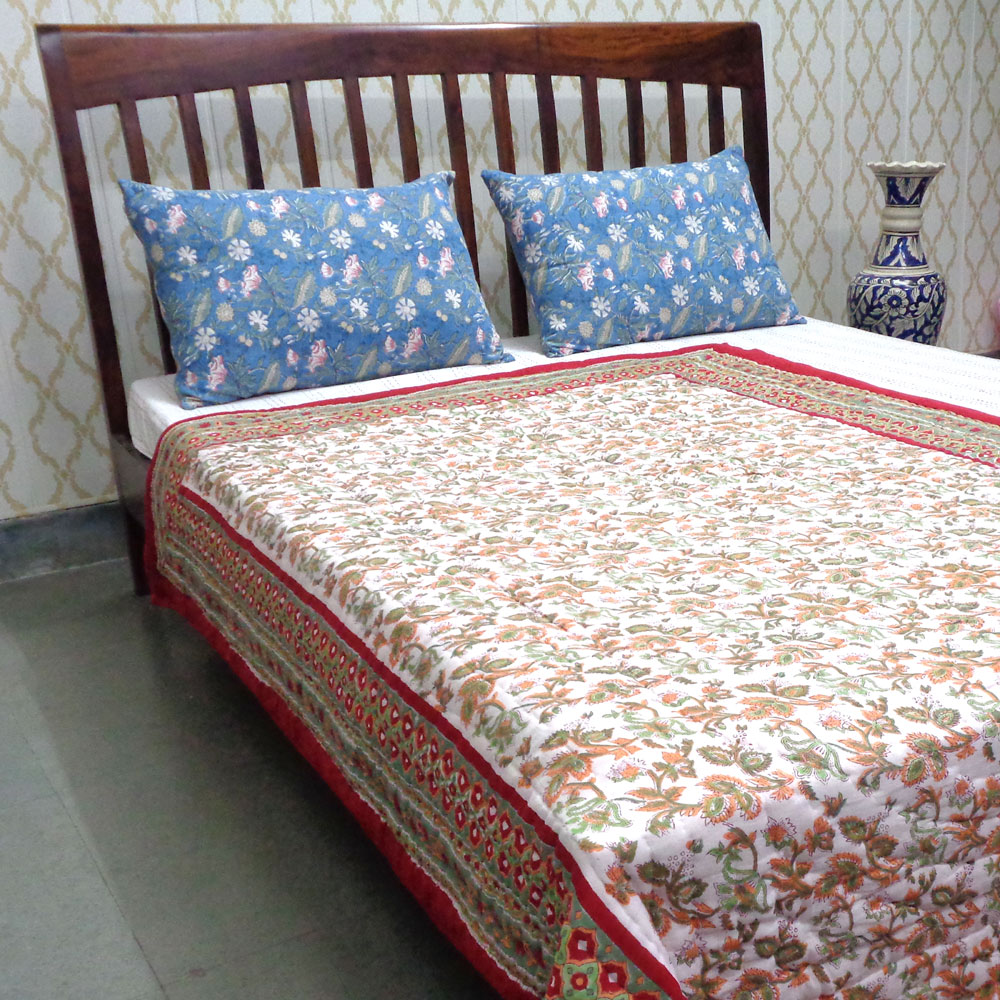 Hand Block Printed Cotton Twin Size Quilt Apple Blossom 605165
