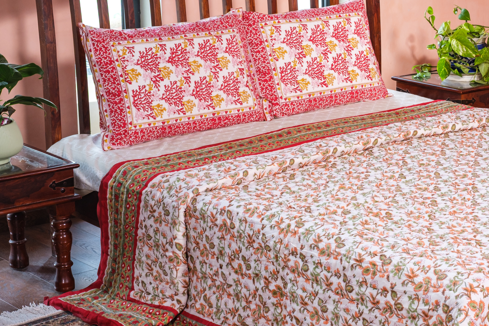 Hand Block Printed Cotton Quilt King Size Apple Blossom 605165