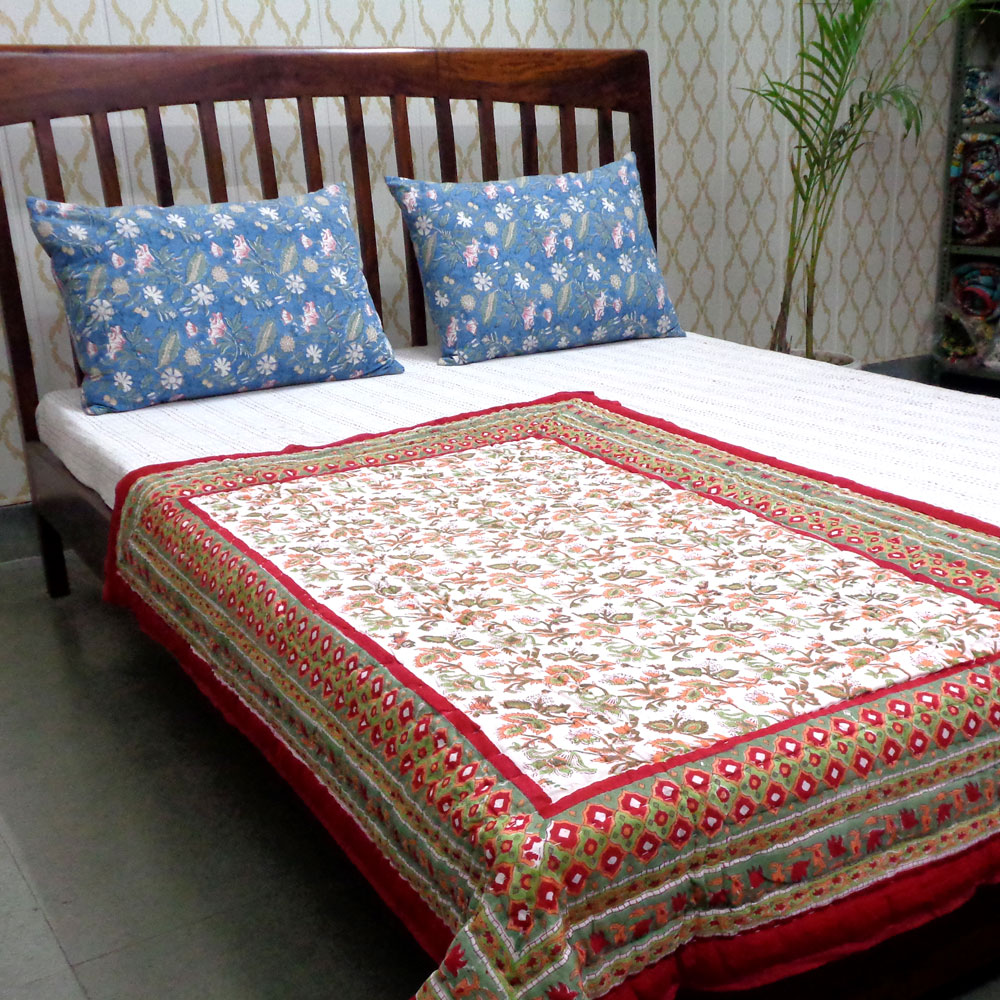 Hand Block Printed Baby Quilt  100x140 cm Jaipur Razai  Apple Blossom 605165