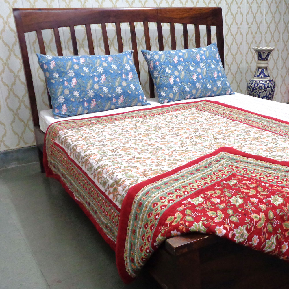 Hand Block Printed Cotton Twin Size Quilt Apple Blossom 605165