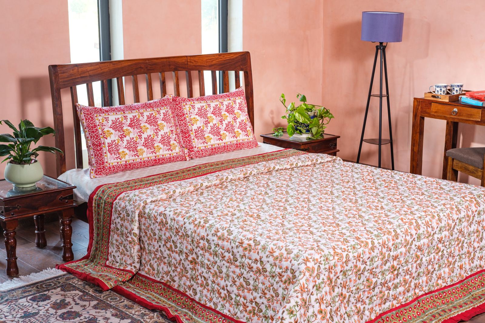 Hand Block Printed Cotton Quilt King Size Apple Blossom 605165