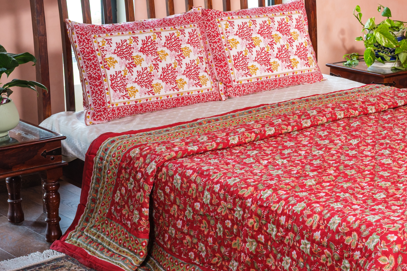 Hand Block Printed Cotton Quilt King Size Apple Blossom 605165