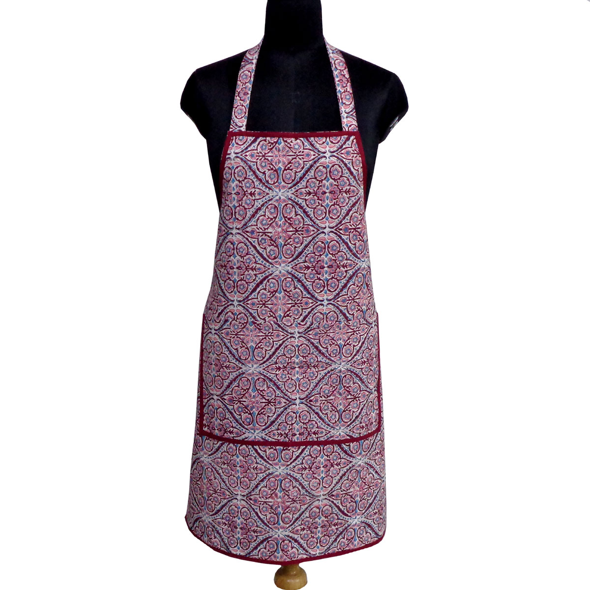 Indian Block-Printed 100 Cotton Apron Phool Chokri Grape Wine 104392