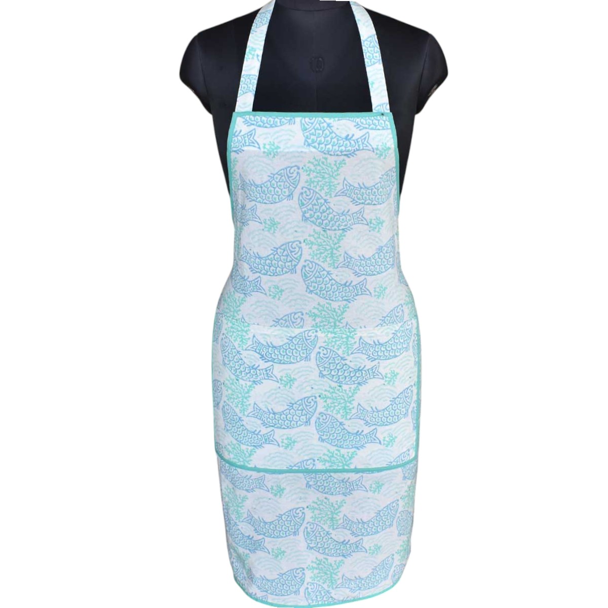 Indian Block-Printed 100 Cotton Apron African Fish Blue Mist 260713