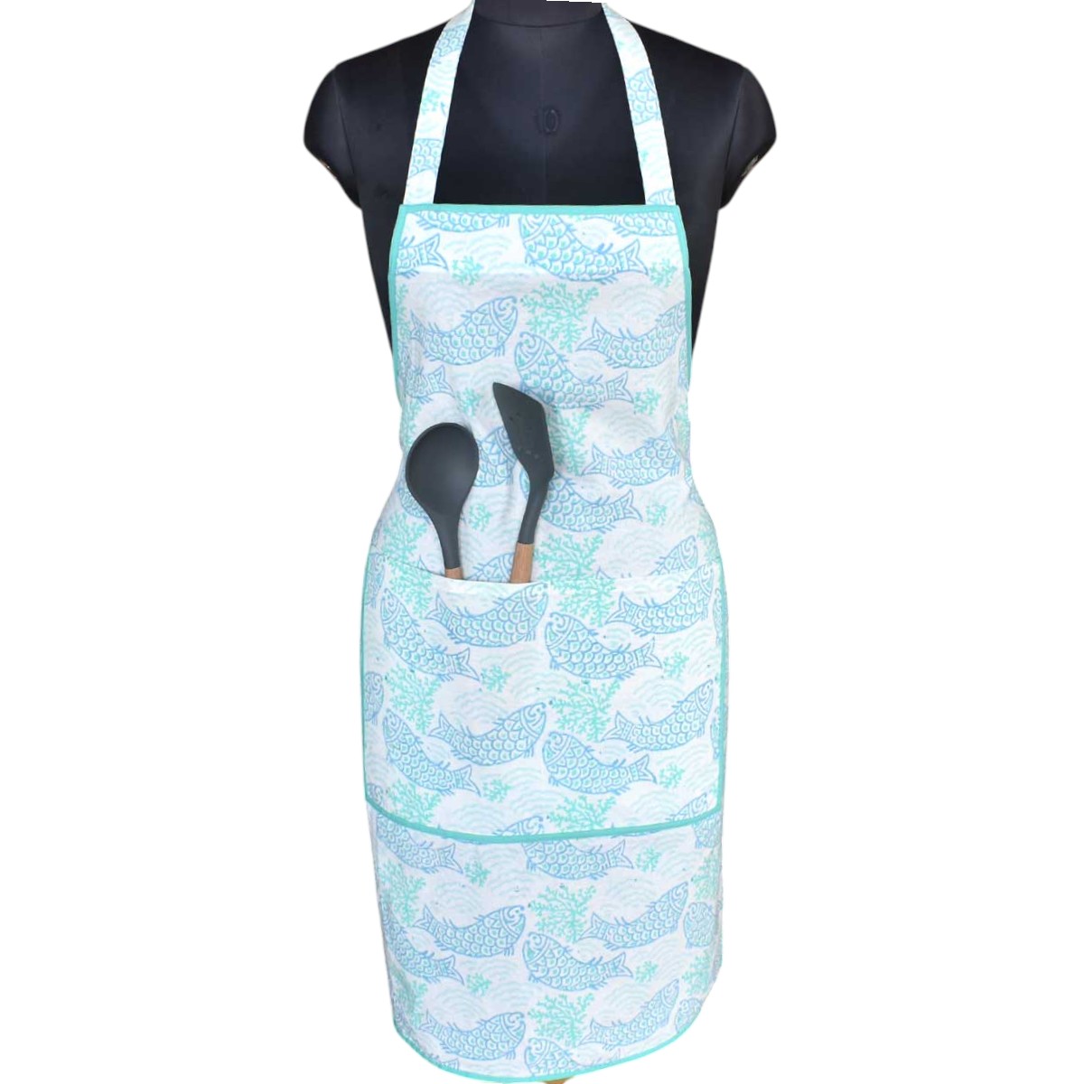 Indian Block-Printed 100 Cotton Apron African Fish Blue Mist 260713