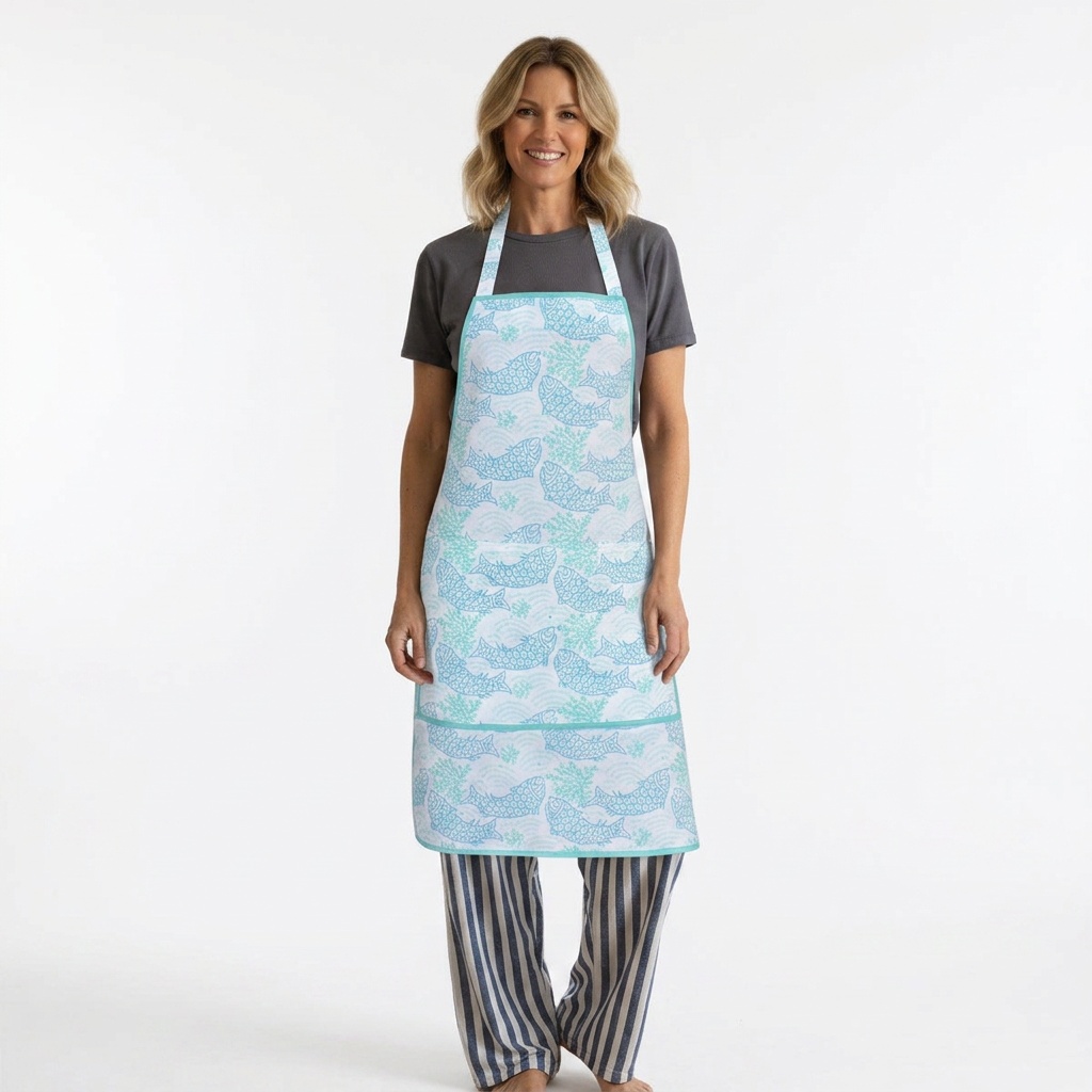 Indian Block-Printed 100 Cotton Apron African Fish Blue Mist 260713