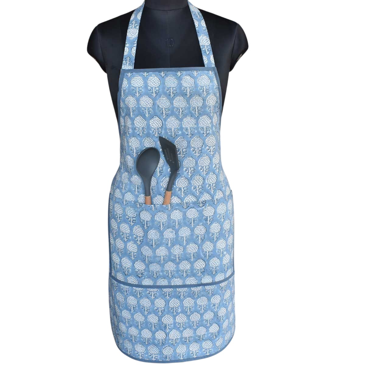 Indian Block-Printed 100 Cotton Apron Artichoke Pearl Blue 251210
