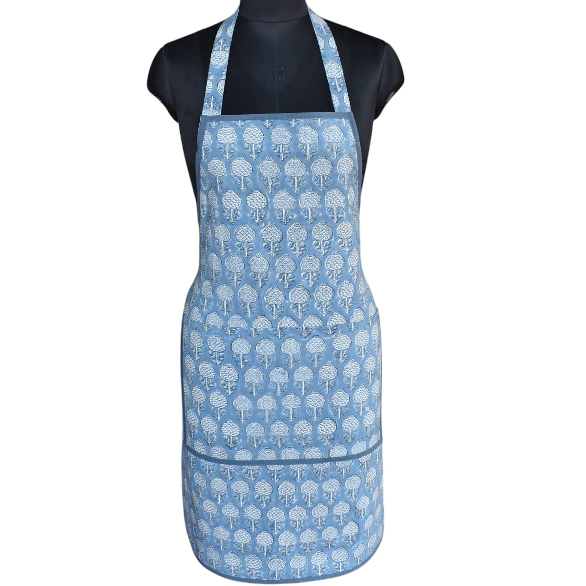 Indian Block-Printed 100 Cotton Apron   Artichoke Pearl Blue 251210