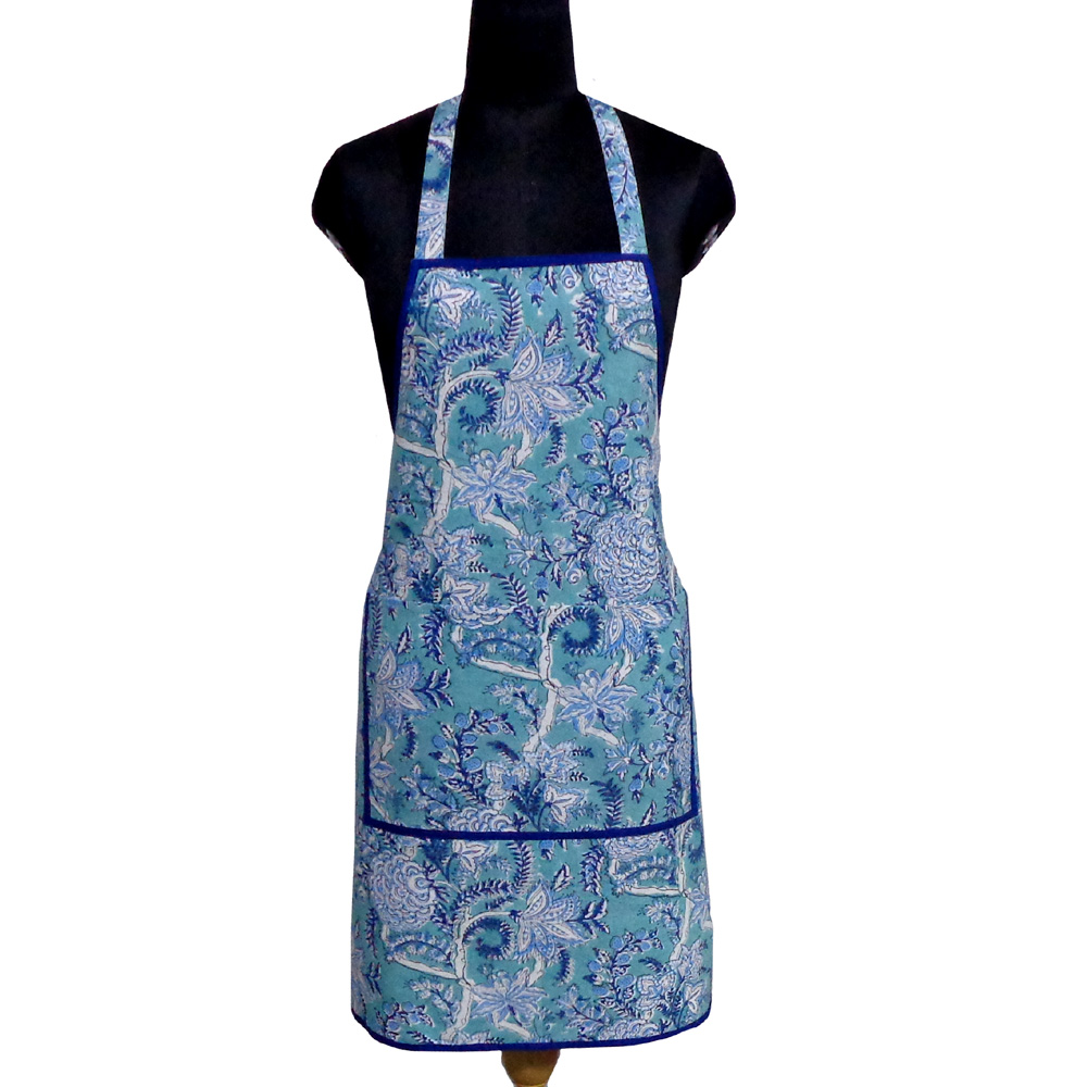 Indian Block-Printed 100 Cotton Apron Bela Bristol Blue 601091
