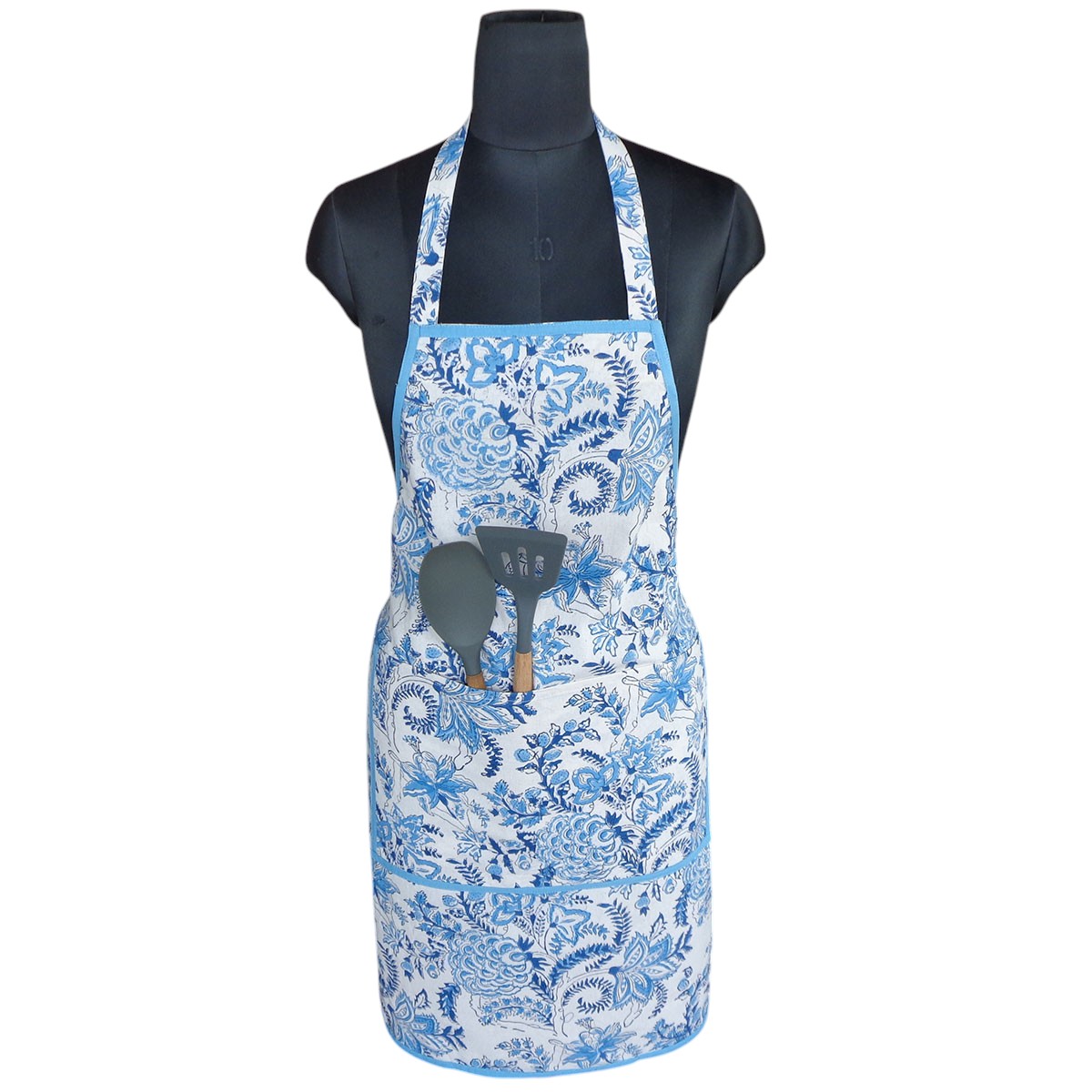 Indian Block-Printed 100 Cotton Apron Bela Palace Blue 601088