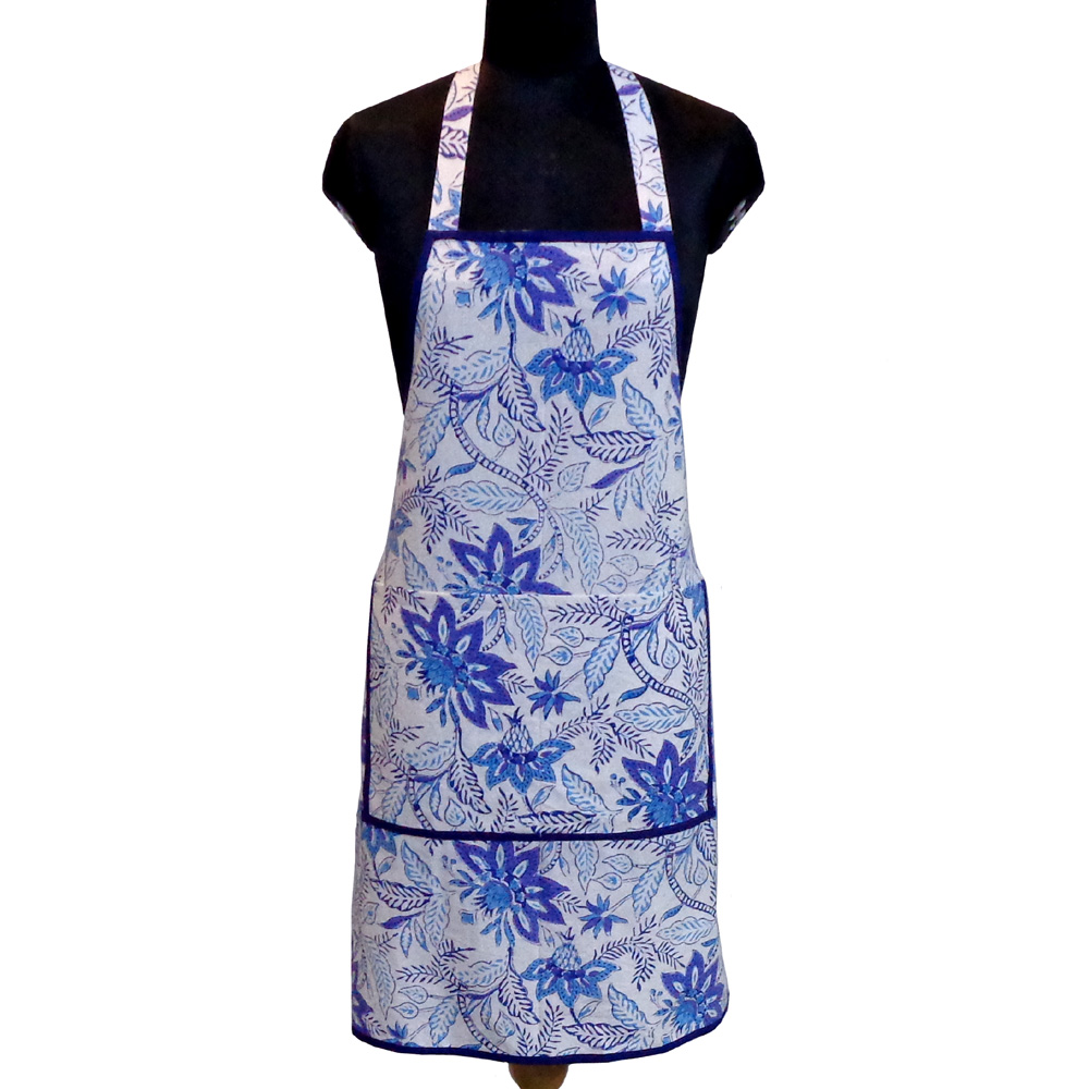 Indian Block-Printed 100 Cotton Apron Bossanova Blue Open 201841