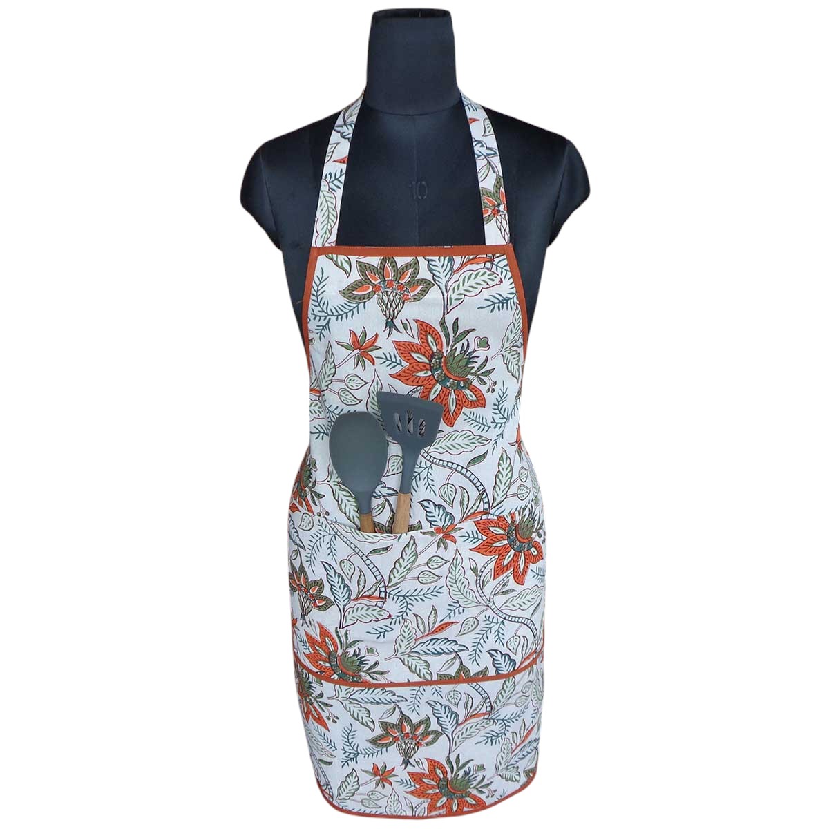 Indian Block-Printed 100 Cotton Apron  Bossanova Green Open 393938
