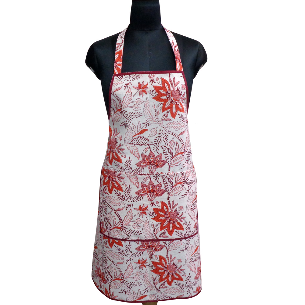 Indian Block-Printed 100 Cotton Apron Bossanova Red Open 103700