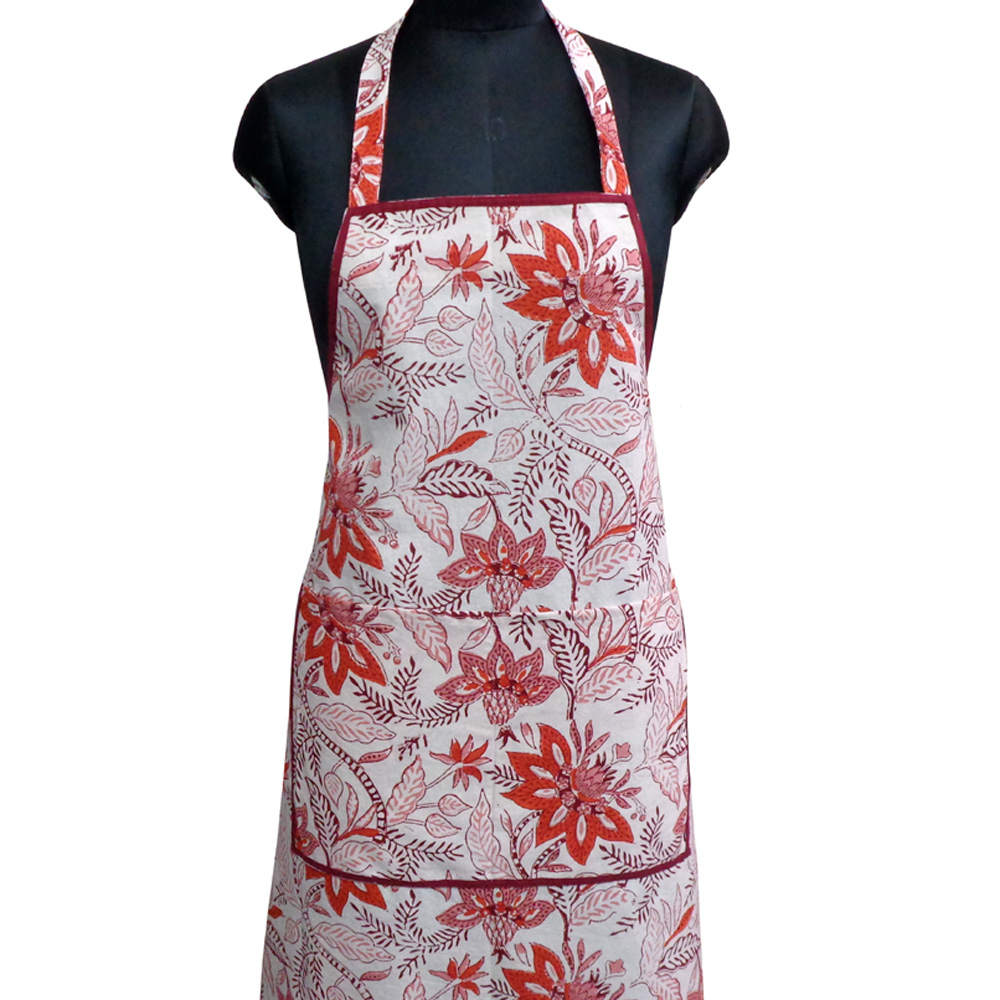 Indian Block-Printed 100 Cotton Apron Bossanova Red Open 103700