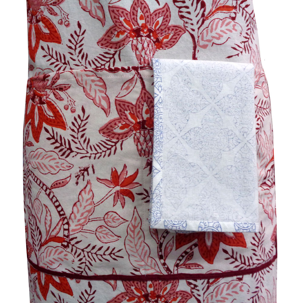 Indian Block-Printed 100 Cotton Apron Bossanova Red Open 103700