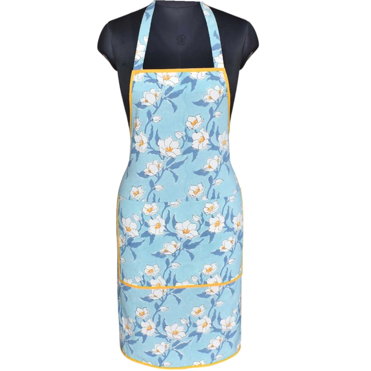 Indian Block-Printed 100 Cotton Apron   Camellia Blue Mist 260919